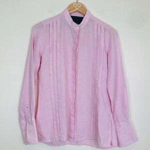 Clarigde & King linen pastel pink pleated mandarin collar button front top. S